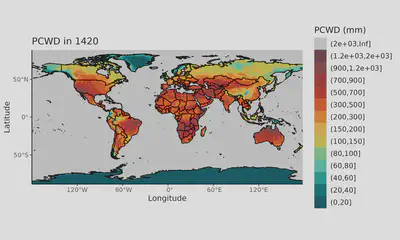 Ensemble mean potential cumulative water deficit (PCWD) values for the year 1420.